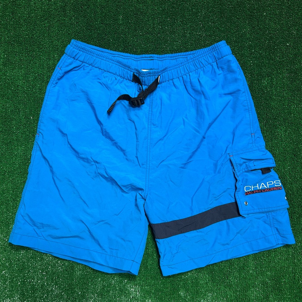 VTG 90s Chaps Ralph Lauren Swim Trunks Mens XL Blue Cargo Pocket Belted 10302Q